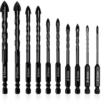 LALAGO Brocas Porcelanico, 10 Piezas Ø3-12mm, Taladro Conjunto De Vidrio, Brocas Hormigon, Brocas Concreto, Brocas con Punta de Carburo Cementado para Madera Pared Azulejos Ladrillo Plástico (Negro)