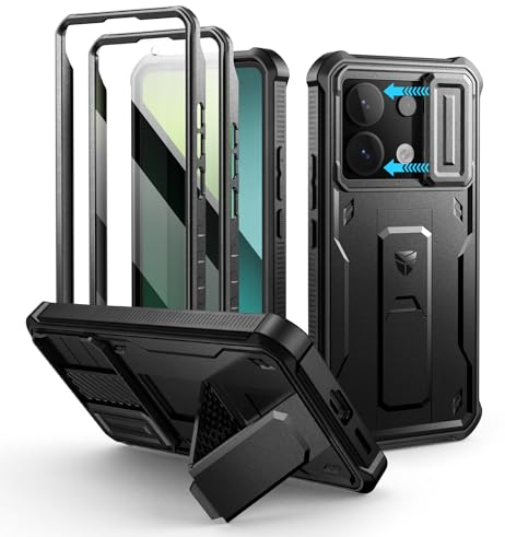 Dexnor pour Coque Xiaomi Redmi Note 13 Pro 5G【Double Cadre Avant et Support】 avec CaméRa Coulissante Intégrée & Protecteur d'écran, Coque de Protection Robuste Résistante Aux Chocs - Noir