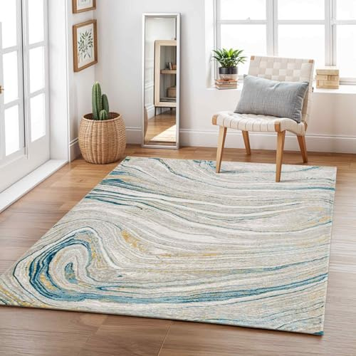 Livabliss Starec - Alfombra Abstracta para Sala de Estar, Comedor, salón, Cocina, Dormitorio, Alfombra Grande de mármol Moderna, Suave, Lujosa, fácil de cuidar, Pelo Medio, Marfil, Gris, Bronceado
