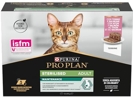 Purina Pro Plan Sterilised Mantainance Cibo Umido per Gatti Sterilizzati Patè Salmone e Tonno, 12 Lattine da 85g