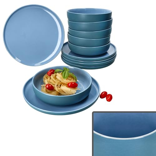 Ritzenhoff & Breker Jasper Service de table 12 pièces bleu océan I Vaisselle en faïence pour 6 personnes I 6 assiettes creuses 610 ml & 6 assiettes plates I Assiettes plates pour petit-déjeuner,