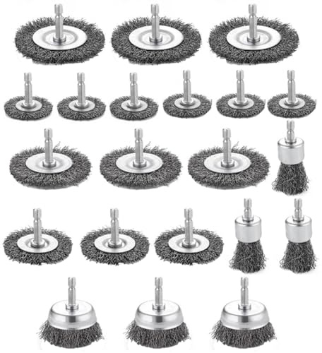 21 Stück Drahtbürste Bohrmaschine Winkelschleifer Set, Drahtbürsten Akkuschrauber Schleifbürste, Dratbürstenaufsatz Bohrmaschine, mit Sechskantstange, für Bohrmaschine, Korrosion, Entgraten