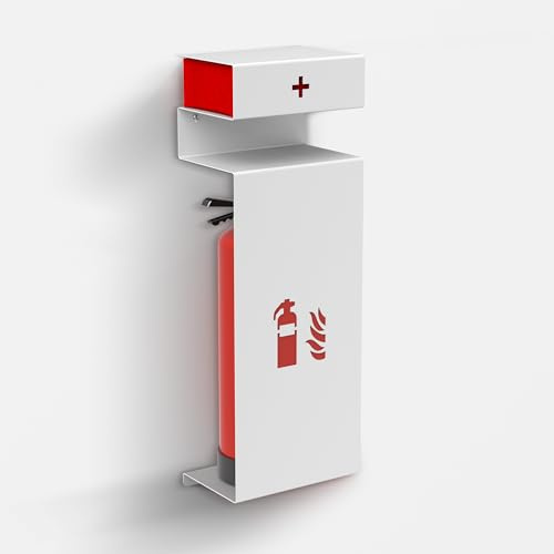 Feuerlöscher Abdeckung Weiß mit Verbandskastenhalterung aus Stahl Fire & Care – Moderne Erste-Hilfe- & Brandschutzlösung