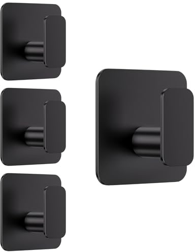 Aikzik Black Hooks for Hanging Heavy Duty, Adhesive Hooks for Shower, Bathroom, Kitchen, Robe, Towel, Coat, Waterproof & Rustproof Hook for Walls No Damage, Sticky Wall Towel Hooks - 4 Pack
