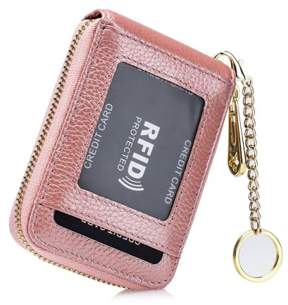 GreatRise Leder Kreditkartenetui Klein Kartenetui Damen Herren 12 Fächer Kartenmappe Visitenkartenetui Portmonee mit Münzfach, RFID Schutz, Reißverschlussetui, Schlüsselanhänger Perlglanz rosa