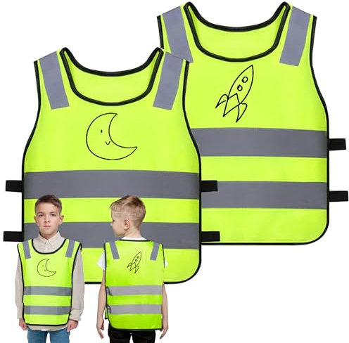 KAOTPO 2er-Set Warnweste Kinder und Leuchtweste Kinder, mit Niedlichen Motiven, für 1-12-jährige Geeignet, 360°-Sichtbare Kinder Warnweste, für Schulweg, Radfahren und Straßenverkehr. (Rakete)