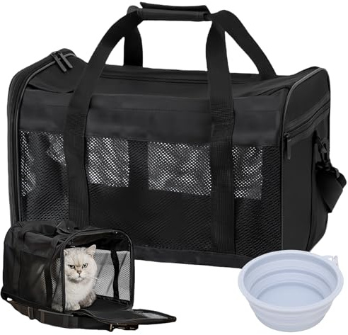 PRITOK Trasportino per gatti e gatti, 42 x 27 x 28 cm, pieghevole con ciotola per cani, trasportino per animali domestici (nero)