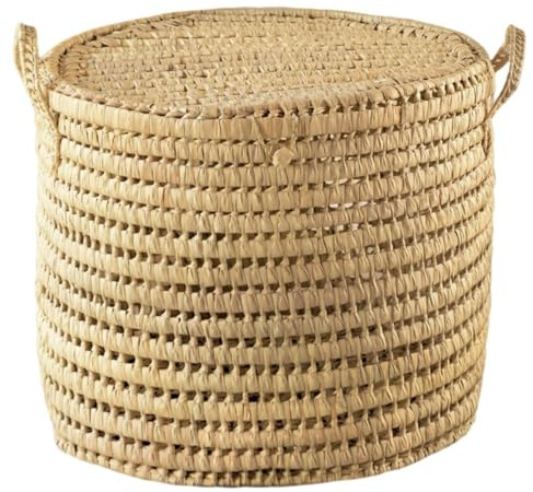 Home Maison - Malle Ronde Feuille de Palmier - Osier - Élégance et Praticité Artisanale - Rangement Linge, Jouets, Plaids - Table d'Appoint - Taille 50 x 50 x 40 cm - Naturel