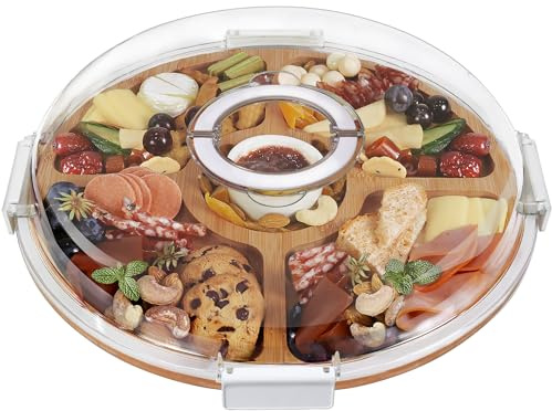 Renmxj Round Charcuterie Boards with Lid, Cheese, Veggie & Snack Tray | Travel Portable Board for Kitchen, Picnic and Party, House Warming Gifts New Home, The Size 13.5 * 13.5 * 2.9