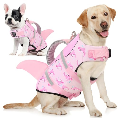 AOFITEE Schwimmweste Hund XS, Verstellbar Hundeschwimmweste Hai, Hoher Auftrieb Klein Hunde Schwimmweste mit Rettungsgriff und Reflektierend, Dackel Rettungsweste Hund für Wassersport, Rosa Wal, XS