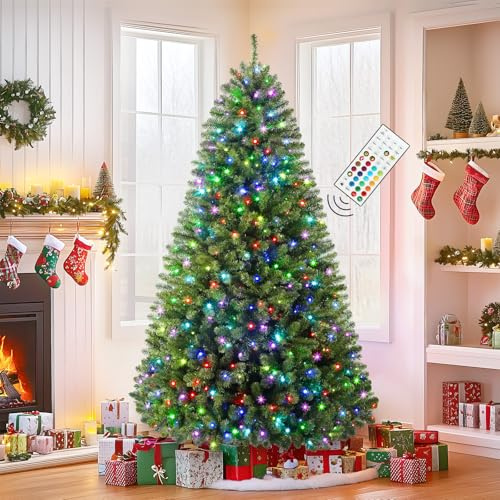 SHareconn 7ft Prelit Premium Artificial Hinged Full Christmas Tree with 400 Multi-Color RGB & Warm White Lights, 1062 PVC Branch Tips, Remote Control 7 Feet Pre-Lit Tree for Xmas Decoration, Green