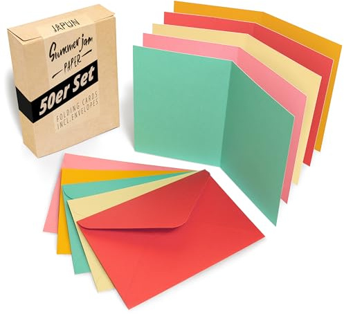 Japun - Juego de 50 tarjetas plegables que incluyen sobres, tarjetas plegables para diseñar, etiquetar o imprimir - DIN A6 / C6 - de colores brillantes