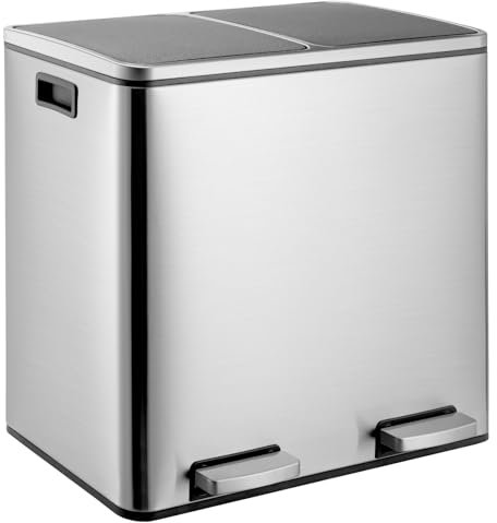 Clevich 48L Dual Kitchen Trash Can, Stainless Steel Pedal Rubbish Bin, Double Compartment Recycling Waste Baskets with Removable Liner Buckets, Soft-Close Lid & Wide Pedal, for Home, Office (Silver)