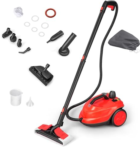 RELAX4LIFE Pulitore a Vapore 2000 W, Temperatura 160°,5 bar, Per Pulire: 108 m², Serbatoio: 1,8 L, Tempo di Riscaldamento: 8 min, 3 Regolazione del vapore, Ricchi Accessori,Senza Chimici (ROSSO)