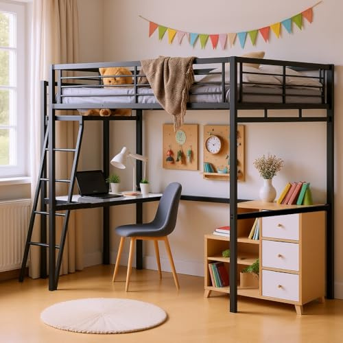 Meuble Cosy Lit Mezzanine pour Enfants avec Bureau en Verre et métal, Lits 140x190cm pour Garçon et Fille, Noir