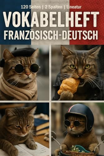 Vokabelheft: Französisch-Deutsch: 120 Seiten | Format 6x9 (DIN A5) | Liniert mit Mittellinie | Katzen-Cover