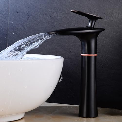 TYMYW Antico Nero Rubinetto Bagno Lavabo Alto A Cascata Miscelatore Monocomando Foro Singolo per Lavabo da Appoggio Ottone