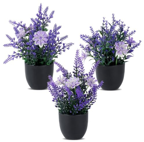 HuangXinyu 3 Pz Fiori Finti Che Sembrano Veri, Piante di Lavanda Fiori Artificiali, Lavanda Pianta Artificiali in Vaso per camera da letto, soggiorno, bagno, ufficio, davanzale, decorazione d'interni
