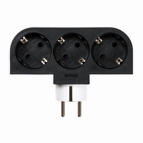 Simon – Adaptador Giratorio Plug 3 Tomas 16A (250V, 3680W), Rotación180º, Enchufe Compacto para Esquinas o Detrás de Muebles, Color Negro y Blanco
