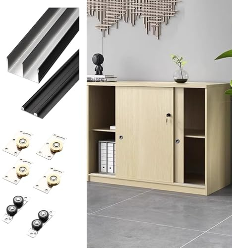 Schiebetür Schiene Schiebetürbeschläge, Laufschienen-Set für Doppeltüren (Schranktüren), Schieberollen-System, Schranktüren, Schiebetürsystem für Arbeitszimmertüren(Black,65inch/165.1cm)