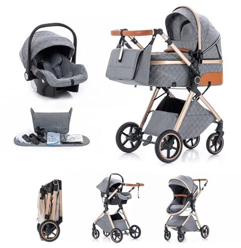 Kakbgee Cochecito 3 en 1 con Silla de Coche, Carrito bebé Plegable, Manillar 7 Alturas, Suspensión 4 Ruedas, Funda de Lluvia y Mosquitera, Sistema de Viaje para Recién Nacidos 0-3 Años 15kg,Gris claro