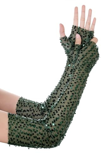 BABEYOND Damen Lange Pailletten Handschuhe - Elegante Glitzer Opernhandschuhe Atmungsaktiv Netzhandschuhe Bühnenhandschuhe für Weihnachten, Fasching, Hochzeit, Oper Party Karneval Grün