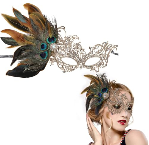 Celblisora Masques de bal masqué en dentelle pour femme – Masque vénitien des années 1920 avec plumes de paon pour Halloween, bal de Mardi Gras