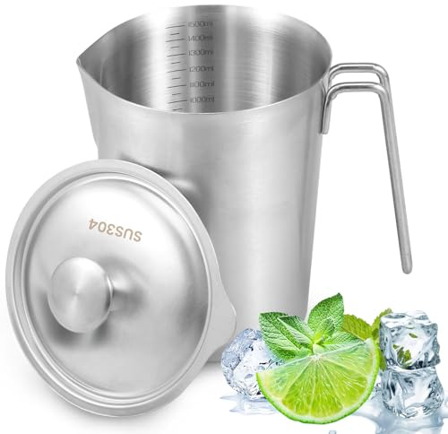Messbecher Edelstahl 1500ml mit Deckel Feinskala BPA Frei 12,8cm | 304 Edelstahl Messbecher Edelstahl Tropfschutz Robust für Zuhause Küche Restaurant Bar Teeladen Café Treffpunkt (1500ml)