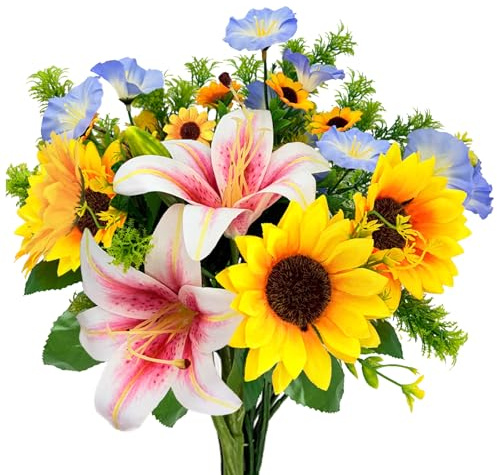 Artificial Flowers Lilies 13IN Fake Sunflowers Bouquet with Morning Glory Silk Flowers Faux Florals Arrangements Cemetery Flowers for Grave Home Easter Indoor Table Centerpiece Bridal Wedding Decor