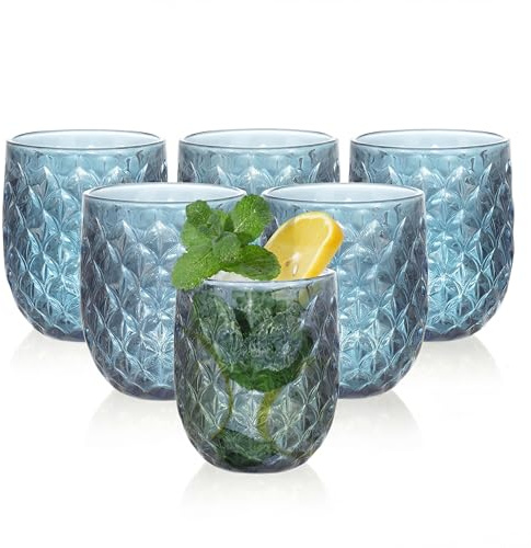 Drinking Glasses Set of 6 - 360ml/12oz Vintage Tumbler Glasses - Decorative Floral Embossed Water Glasses - Heavy Duty Glassware Beverages Tumblers for Whisky, Beer, Juice, Wine (Upgraded - Blue)