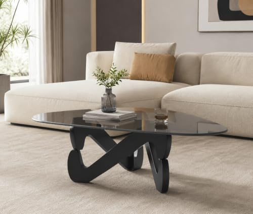 Mesa de café, Mesa de café triangular de vidrio, Mesa de café moderna con base triangular de madera maciza y vidrio templado engrosado, Mesa auxiliar, Mesa de café elegante para sala de estar y