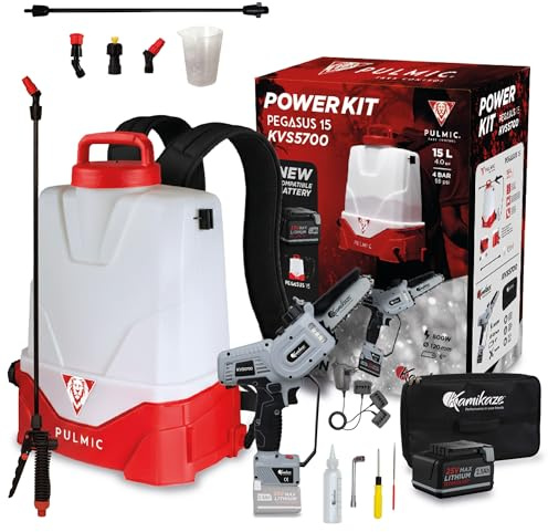 Pulmic Sulfatadora a Batería 15L y Motosierra Eléctrica 800W con Batería Compatible 25V. Kit Pulverizador Profesional para Agricultura y Poda | Power Kit Sierra Kamikaze KVS5700 y Pulmic Pegasus 15