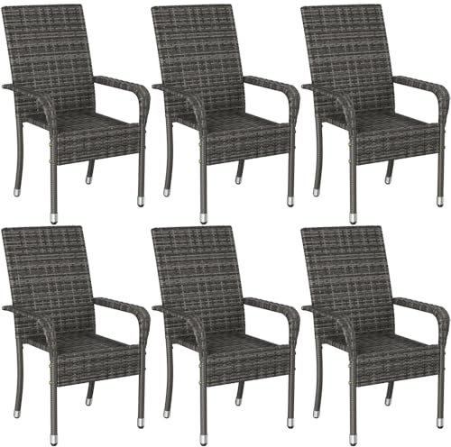 Yaheetech 6er Set Polyrattan Gartenstühle Stapelbar, Rattanstühle Stapelstuhl mit Armlehnen & Rückenlehne, Rattan Stuhl Balkonstuhl mit Verstellbaren Schutzfüßen für Garten Balkon Terrasse, Grau
