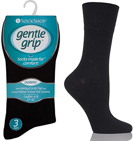 Gentle Grip Ladies 3 Pair Plain Cotton Diabetic Socks 4-8 Ladies Black