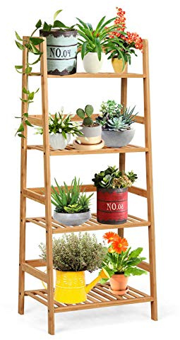 Giantex 4-Tier Ladder Shelf Plant Stand, Bamboo Flower Pots Holder Display Rack, Multifunctional Ladder-Shaped Bookshelf Storage Shelves for Home Office Living Room Bathroom Bedroom Kitchen (Natural)
