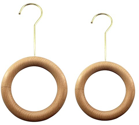 2 Pcs Natural Wood Scarf Hanger Ring Holder with Gold Hook Organiser Storage Hanger for Shop Display Wardrobe Closet Scarves Shawl Tie Belt Towel Necklace Jewellery Accessory Rack