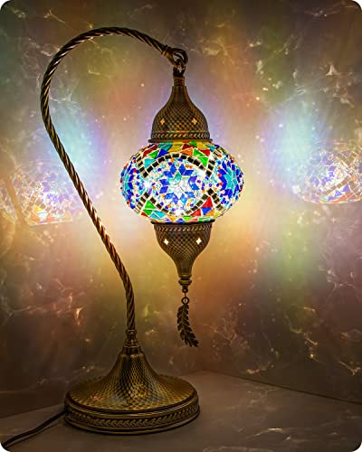 Yarra-Decor Turkish Moroccan Mosaic Table Lamp with Bronze Base - 3 Color Options Handmade Swan Neck Tiffany Mosaic Glass Bedside Lamps for Bedroom, 19 Blue1(LED Bulb Included)