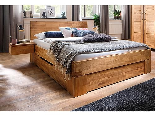 Lomadox 160x200 cm Schlafzimmer Massivholz Bettgestell Einzelbett Bett Schlafzimmerbett inkl. Schwebe-Nachttische und Bettschubkästen in Wildeiche massiv, B/H/T: ca. 252/88/213 cm