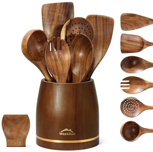 Wooden Spoons for Cooking with Holder,Wooden Utensils for Cooking Set with Patula, Slotted Spoon, Soup Ladles, Salad Forks and Spoon Holder, Teak Wood Kitchen Utensil Set, Gift for Chefs and Home