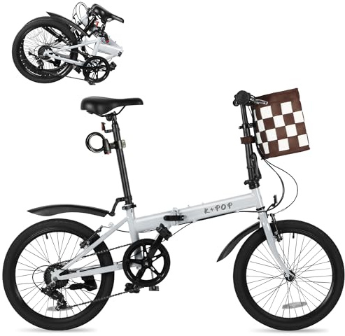 20 Inch Folding Bike for Adults, 7 Speed Foldable Bike with Basket, Lightweight Folding Bicycle with Adjustable Seat & Front and Rear V-Brakes (Silver)