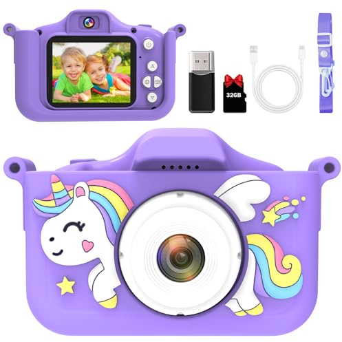 Kinderkamera 1080P 32GB, Einhorn Hülle, Selfie Kamera ab 3 Jahren | Kinderfreundliche Digitalkamera mit 1080P Video, 20MP Fotos, Selfie-Funktion, Spielen, Musik, Filtern und 32GB Speicher