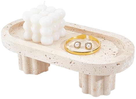 NBEADS 24,7 x 11,9 cm marmor serveringsbricka, oval bricka med 2 ben multianvändning stendekor för sminksmycken ljus badrum väsentligheter, linnefärg