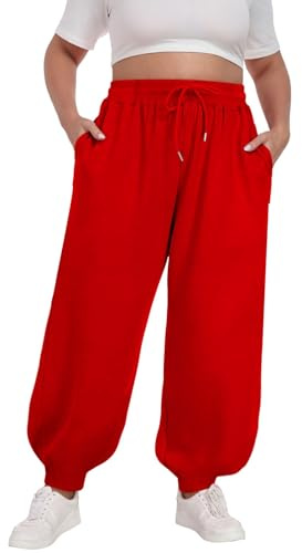 Generico Sportbyxor Dam Lösa Joggingbyxor med Hög Midja Fickor Byxa Mjuka Och Bekväma Dragsko Byxor Lös Passform Löst Passform Löst Löst Passform Löst Vandring, Röd, XL
