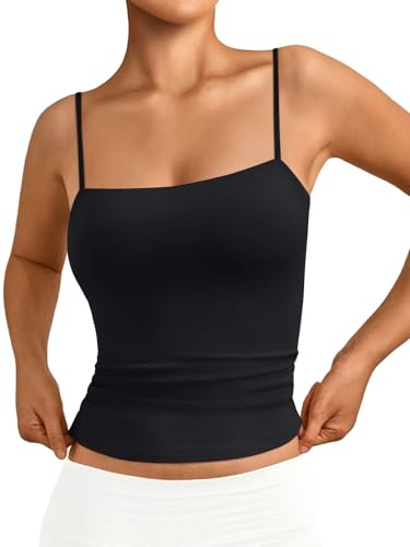 Trendy Queen Women's Double Lined Camisole Tank Tops - Adjustable Spaghetti Strap Sleeveless Top, Slim Fit Basic Tank for Layering Black S