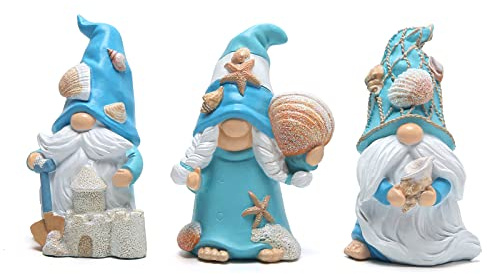 ZAWUU Coastal Seaside Gonks Set of 3, Light Blue Nautical Home Ornaments with Sandcastle and Seashells, Shabby Chic Swedish Tomte Figurines for Bathroom and Beach Hut Decor