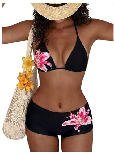 GORGLITTER Women's Floral Triangle Bikini Sets Sexy Cute 2 Piece Swimsuits | Halter Tie Top, Low Waist Shorts, Summer Beach Vacation 2 Piece Pool Party Swimwear