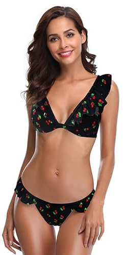 SHEKINI Costume da Bagno Donna Sexy V Profonda Bikini Imbottito Swimsuit Halter Brasiliano Cute Beachwear Ruffles Flounce Regolabile Costumi da Bagno Due Pezzi Mare e Piscina（X-Small, Ciliegia）