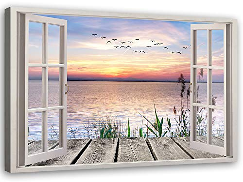 Feeby Leinwand Bilder - Bild Wohnzimmer - Fensterblick Sonnenuntergang Steg See - 90x60 cm 1tlg - Deko Schlafzimmer Groß - Dekoration Canvas - Gemälde - Modern Wandbilder - Kunstdruck