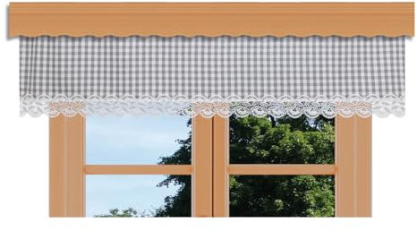kollektion MT Querbehang Hannah mit Vogtländischer Spitze – hochwertige Landhaus-Gardine grau-weiß kariert | rustikaler Baumwollstoff Blickdicht | Volant mit Reihband Höhe x Breite 30 x 160 cm