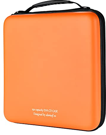 KUOCDSIK CD Tasche, 192 Kapazität Hart Eva Blu-ray CD-Brieftasche Doppelreißverschluss Handschlaufe Tragbare Disc Organizer DVD Hülle für Autofahrten (192 Kapazität, Orange192)